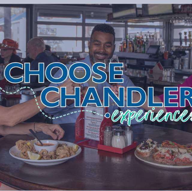 3 people cheers with Choose Chandler Experiences logo on top.