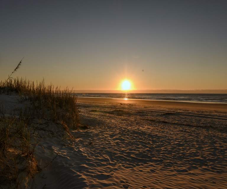 Vibrant sunrise over North Myrtle Beach, South Carolina, casting a warm, golden glow across the tranquil sandy shores. The sun's rays reflect on the gentle waves, creating a picturesque coastal scene with silhouettes of sea grass and beach dunes.