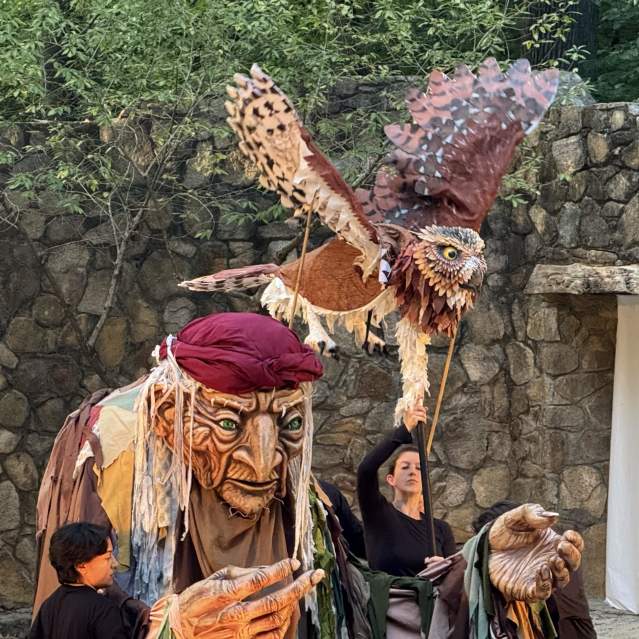 Giant puppets from the 2025 Paperhand Puppet summer show themed The Gift and performed at the Forest Theatre