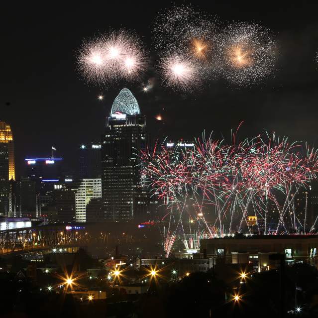 fireworks celebration over Cincinnati downtown