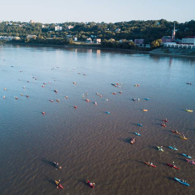 group of kayakers on the Ohio River in Cincinnati
