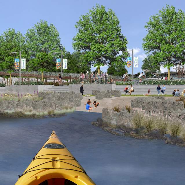 Rendering of Riverfront Park from Kayak perspective