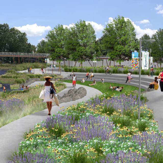 Rendering of Riverfront Park from trail view
