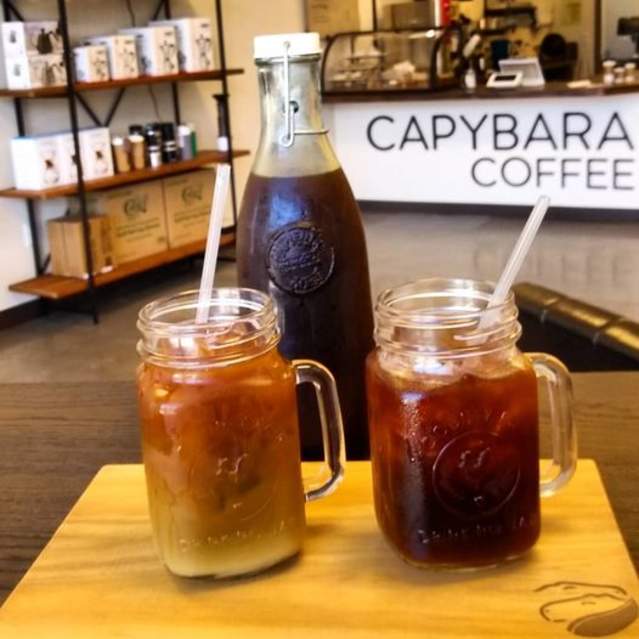 Iced coffee, one with cream and one without, has been poured from a Capybara Coffee carafe into glass mugs.