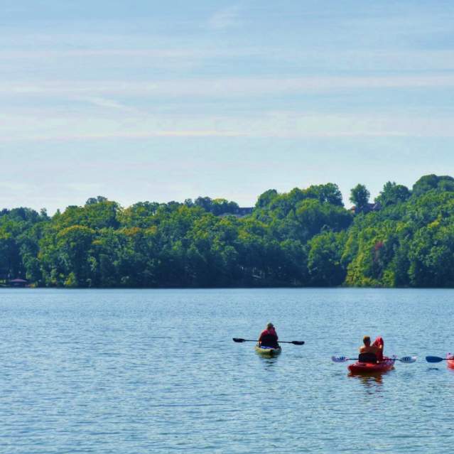 People kayaking on Fort Loudon Lake in Knoxville, TN