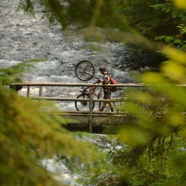 Mountain biker walking bike across bridge.