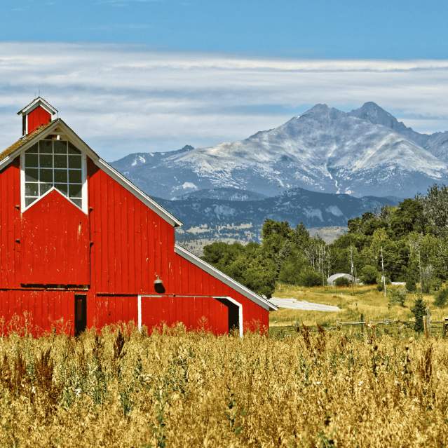 Red barn in a fiels with Long's Peak in background