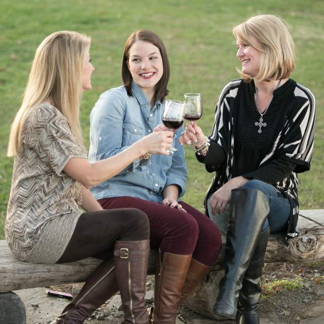 3 women doing a "cheers", putting their wine glasses together and sitting on a log