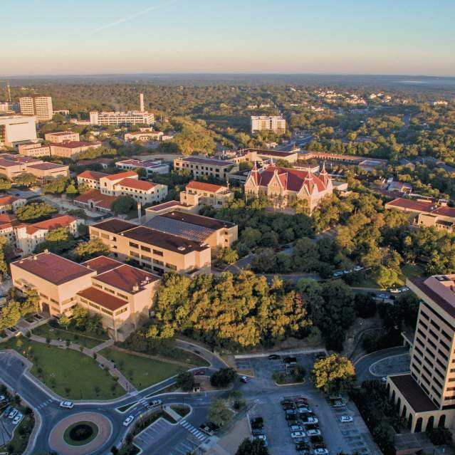 An aerial view of the Texas State University campus