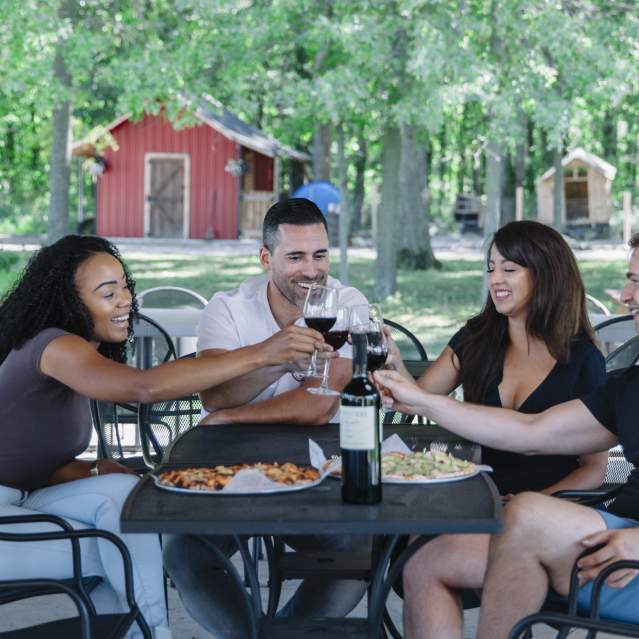 group at table raising glasses