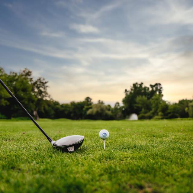 A golf club positioned beside a golf ball on a tee, with the fairway and trees in the background.