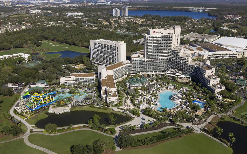 Aerial photo of Orlando World Center Marriott with lake in background