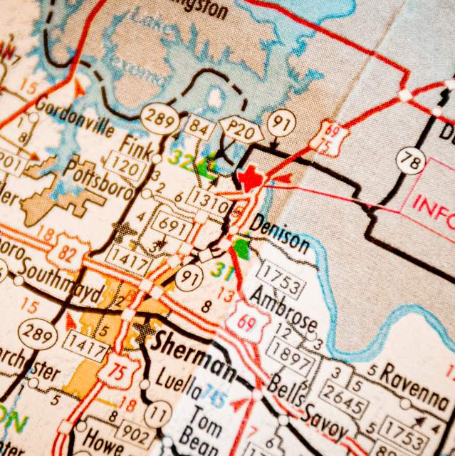 Zoomed in photo of map highlighting Denison, Texas