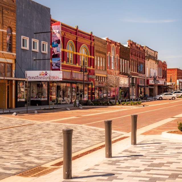 Shops and historic buildings along the 400 block of Main Street in Denison