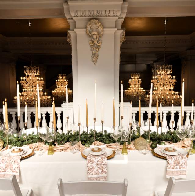 Elegant wedding reception table setup inside the historic Katy Depot