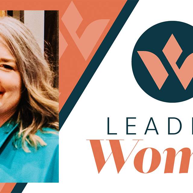graphic for the Leading Women event featuring a smiling woman in a teal blouse beside bold text reading “Featuring Shanna Peeples” and “Leading Women” on a coral and cream background with Western inspired design elements.