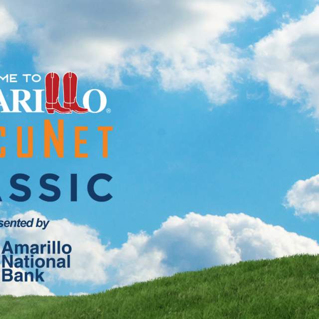 welcome to amarillo occunet classic logo featuring a texas outline, orange and navy lettering, and a prairie dog wearing a cowboy hat holding a golf club against a blue sky background
