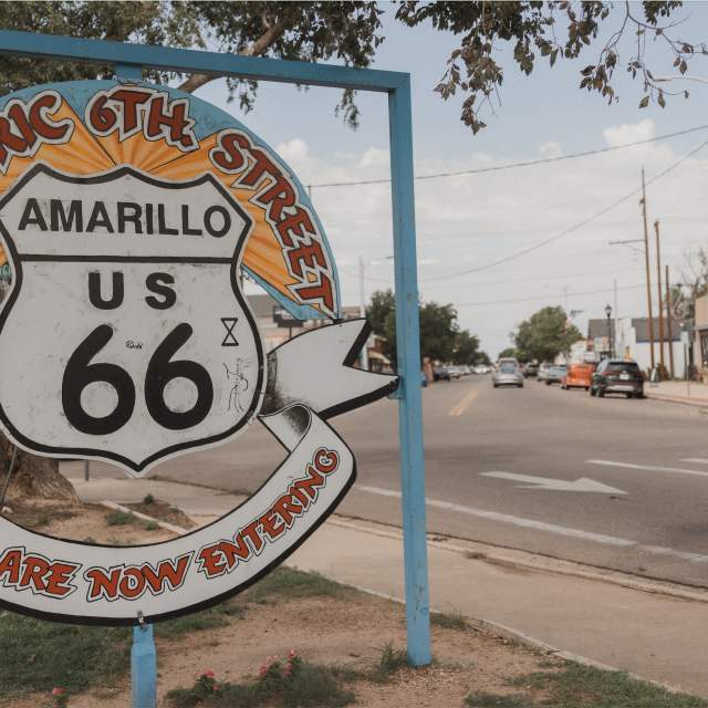 Route 66 Historic District sign with Route 66 emblem