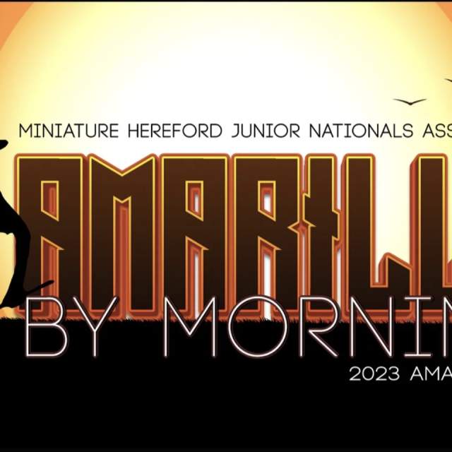 image for the MHJNA Welcome guide - sillouette of young cowboy petting cow with sunset in the background. Text on image says Miniature Hereford Junior Nationals Association Amarillo By Morning 2023 Amarillo Texas