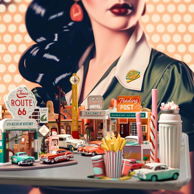 Woman holding up tray with mini route 66 trinkets on it