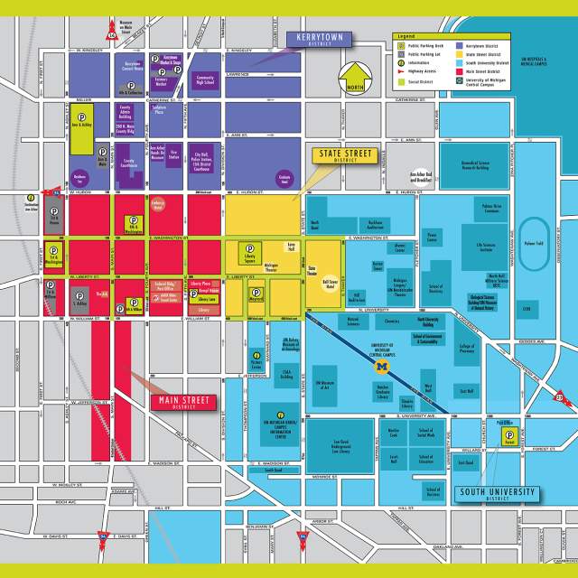 Colorful Downtown Ann Arbor walking map, with 4 different districts