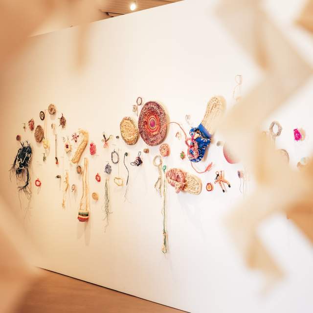 View of woven artworks on display at the Spinifex Hill Gallery in Port Hedland.