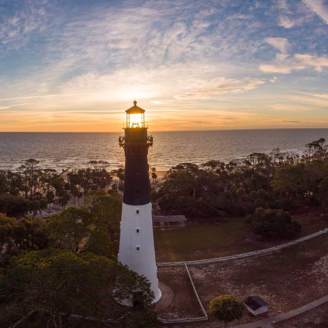 An aerial view of the Hunting Island Lighthouse in South Carolina