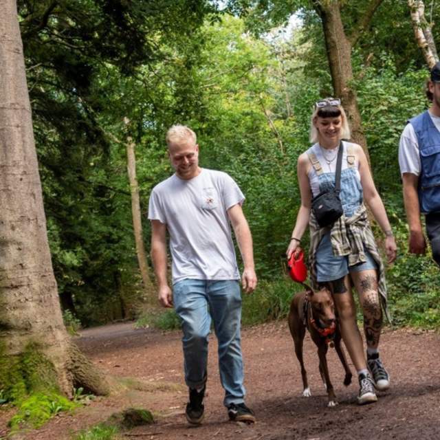 People walking a dog in Leigh Woods in Bristol - credit Forestry England
