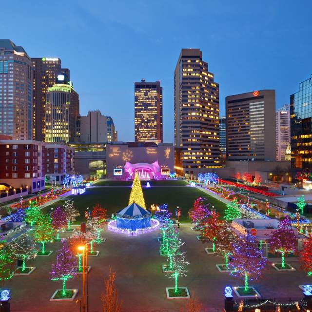 Columbus Commons holiday lights and carousel in downtown Columbus.