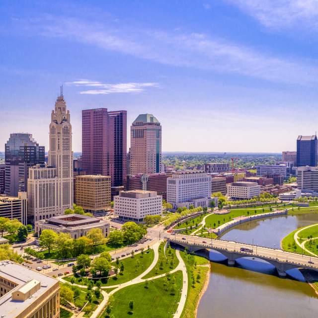Skyline of downtown Columbus along the Scioto River