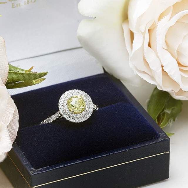 A stunning engagement ring in a box surrounded by pale pink roses