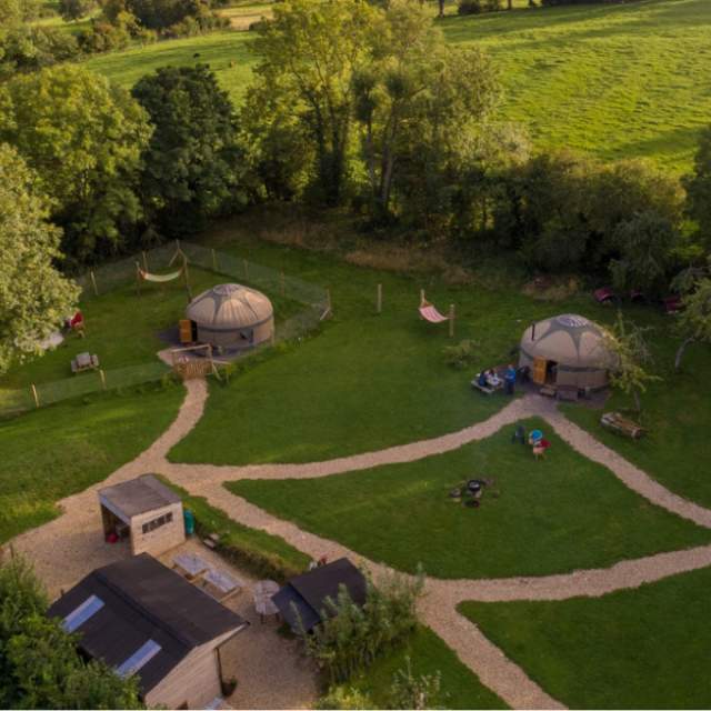 Aerial view of Campden Yurts glamping site