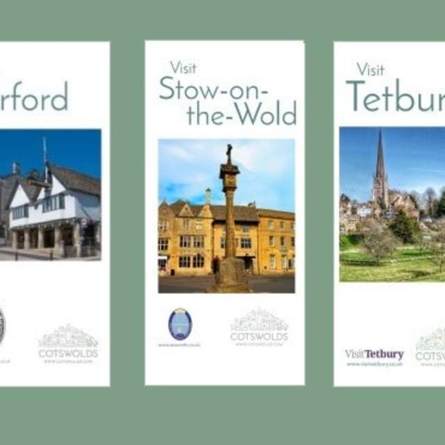 The front covers of three town guides - Burford, Stow on the Wold and Tetbury