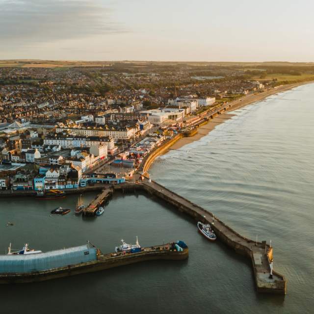 An ariel view over Bridlington harbour and town, town and north side.