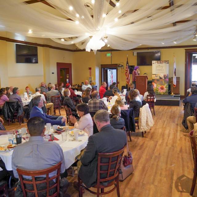 Event room full of people seated at round dinner tables, decorations on the ceiling, with a small stage and podium in the background