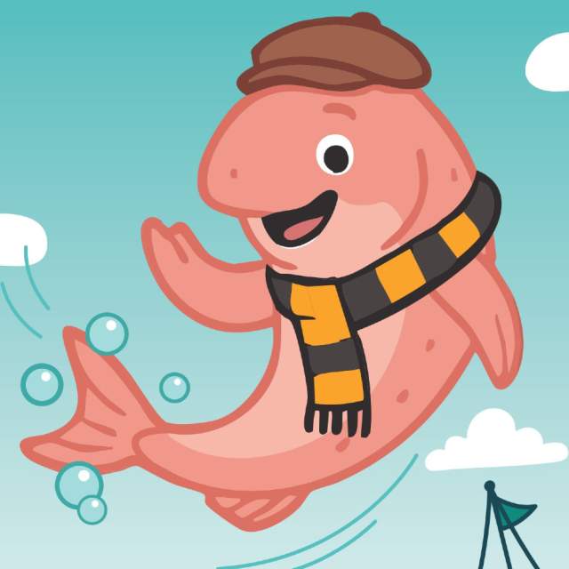 Cartoon illustration of Sammy the Salmon wearing a hat and striped scarf, happily swimming above Hull landmarks including The Deep aquarium and local sculptures, promoting Hull’s family‑friendly Fish Trail.
