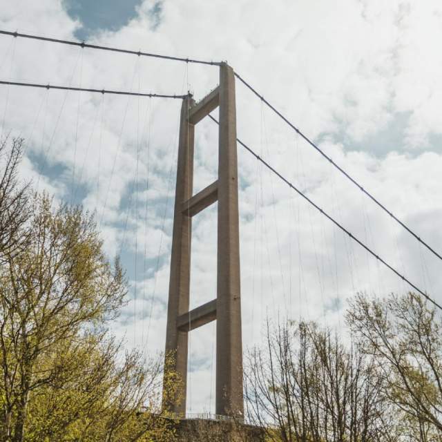 View of the Humber Bridge in Hull framed by trees, showing the tall suspension tower and cables against a bright, cloudy sky.