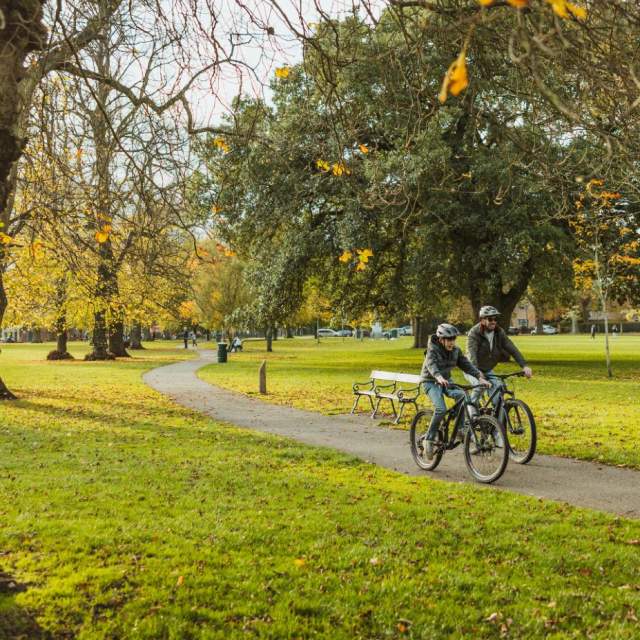 Cyclists riding along a winding path in Hull’s Pearson Park surrounded by large trees, open grass and autumn colours