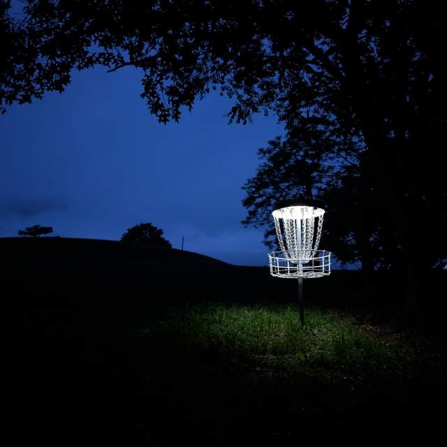 View of basket 8 on the Seven Points Pine 9 Disc Golf Course lit up at night