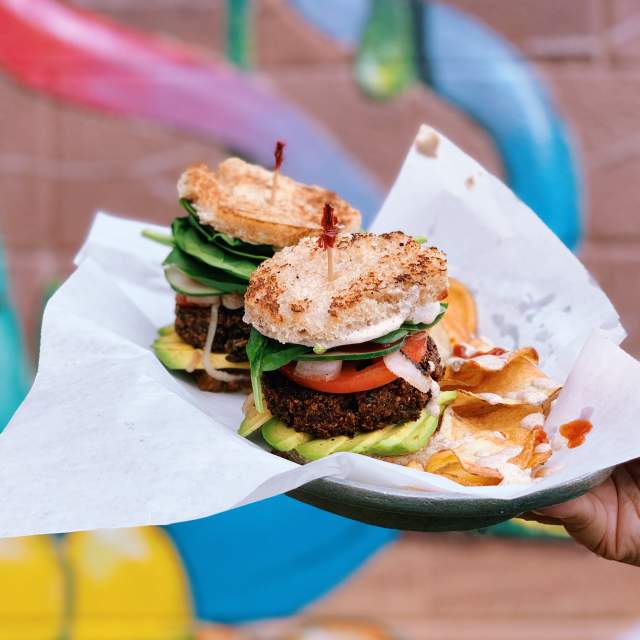 Vegan Quinoa sliders on toasted buns from the restaurant Chef Will the Palate in Huntsville, AL.
