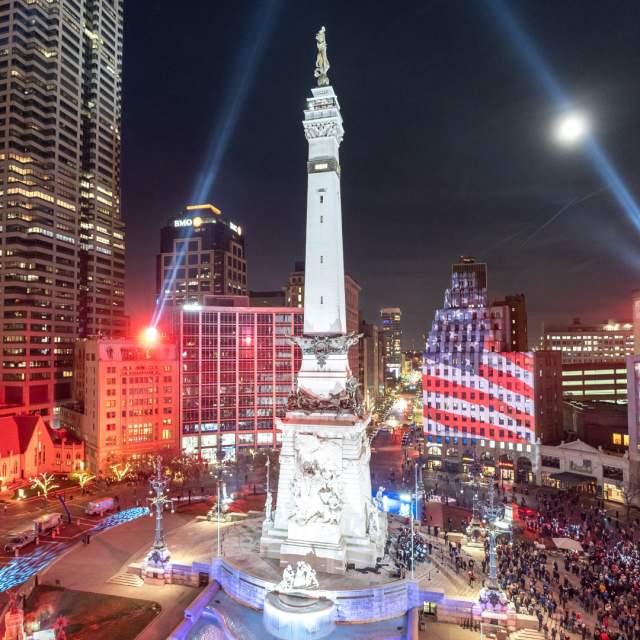 Gather every evening for a light and music display on Monument Circle