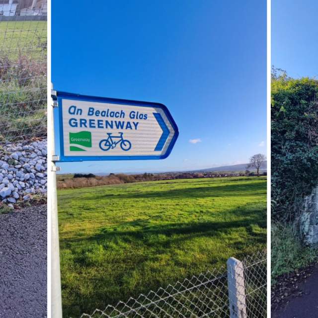 Phto broken in 3, lady taking photo of pant on camera phone, signpost of the Greenway with blue sky and green field, greenway tunnels with lady walking through in the distance.