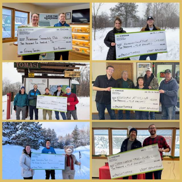 collage of people holding promotional check