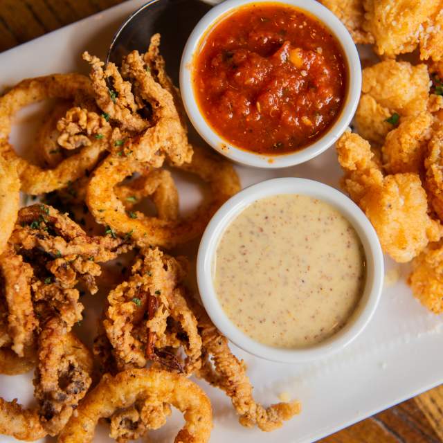 fried shrimp, fried onion rings, calamari, marinara sauce, dip