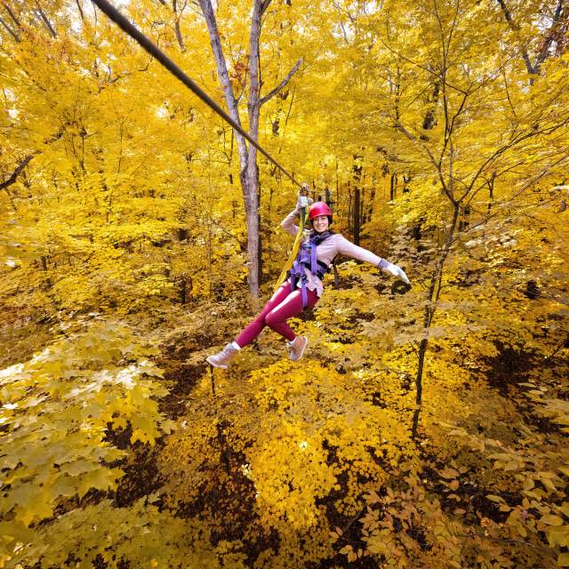 Women ziplining in the fall