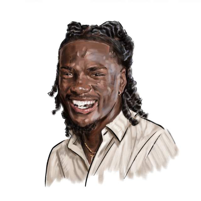 Illustration of a smiling black man with a cream button up shirt