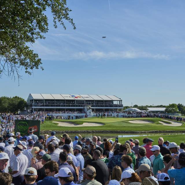 Crowd overlooking a golf course at a tournament