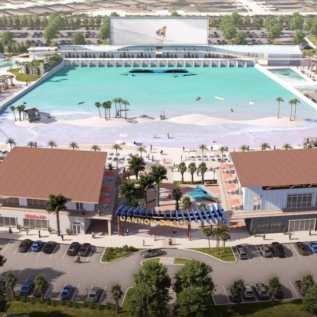 Rendering of a beach facility with waves you can surf and shopping