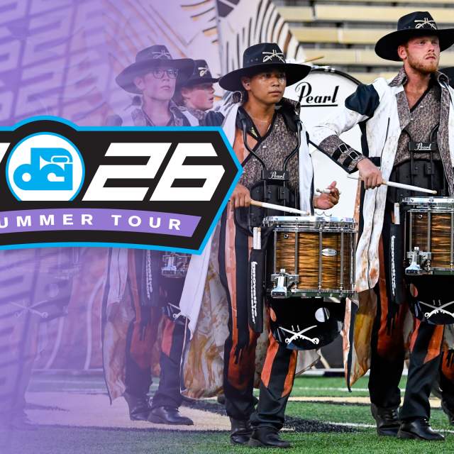 People in marching band uniforms with a purple overlay that says 2026 summer tour