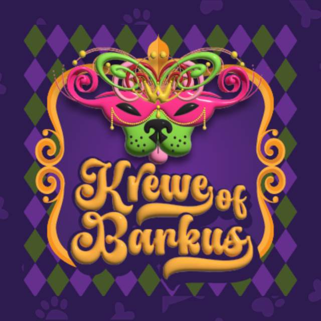 Krewe of Barkus logo header - logo with dog bone and paw faint background